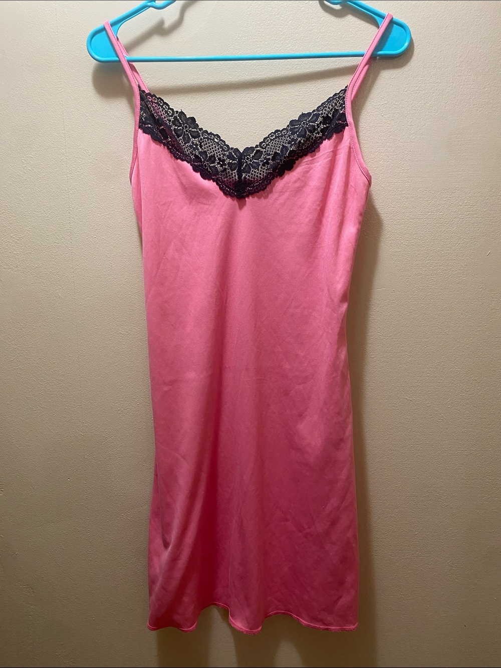 Pink Lace-Trim Slip with Black Lace Detail-Small Negligee Sexy Romantic